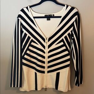 Lior Paris Women's Black and White Stripe Double Zipper V-Neck Sweater Size XL
